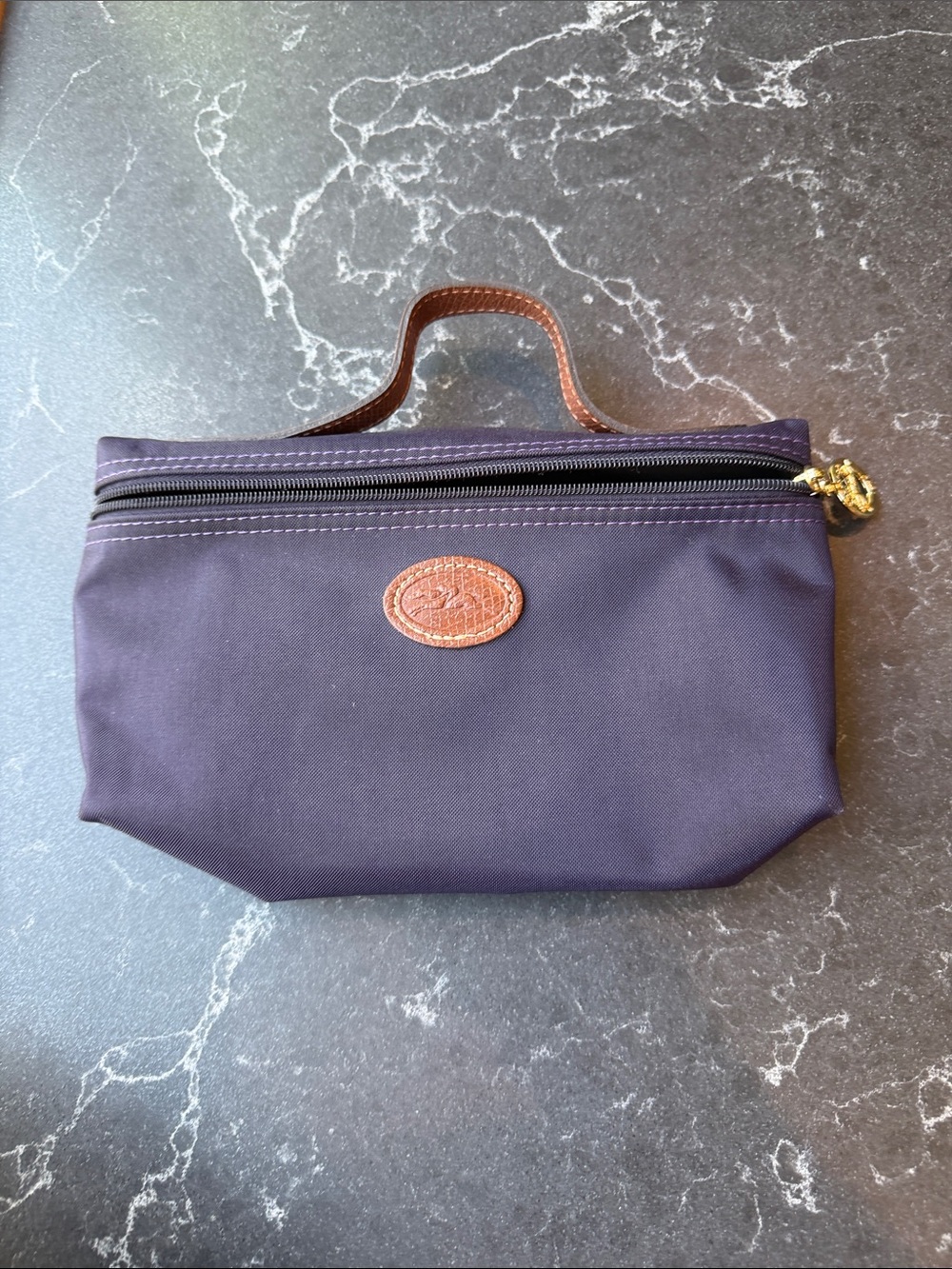 Longchamp Navy Blue and Brown Leather Wristlet Clutch